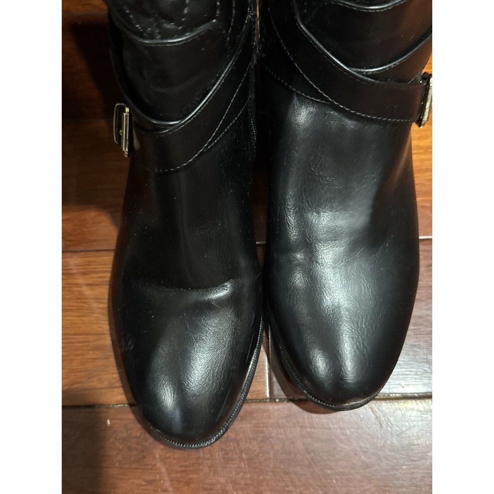 Annabeth by JUSTFAB (SHOEDAZZLE) Black quilted faux leather riding boots, SZ 7 - Picture 14 of 16